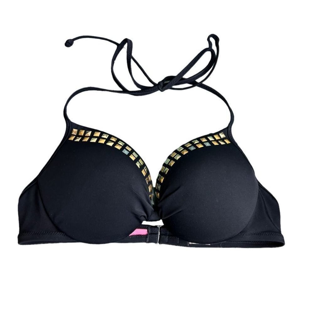 Pink Victoria’s Secret Studded Black Bikini Halter Top Size Medium